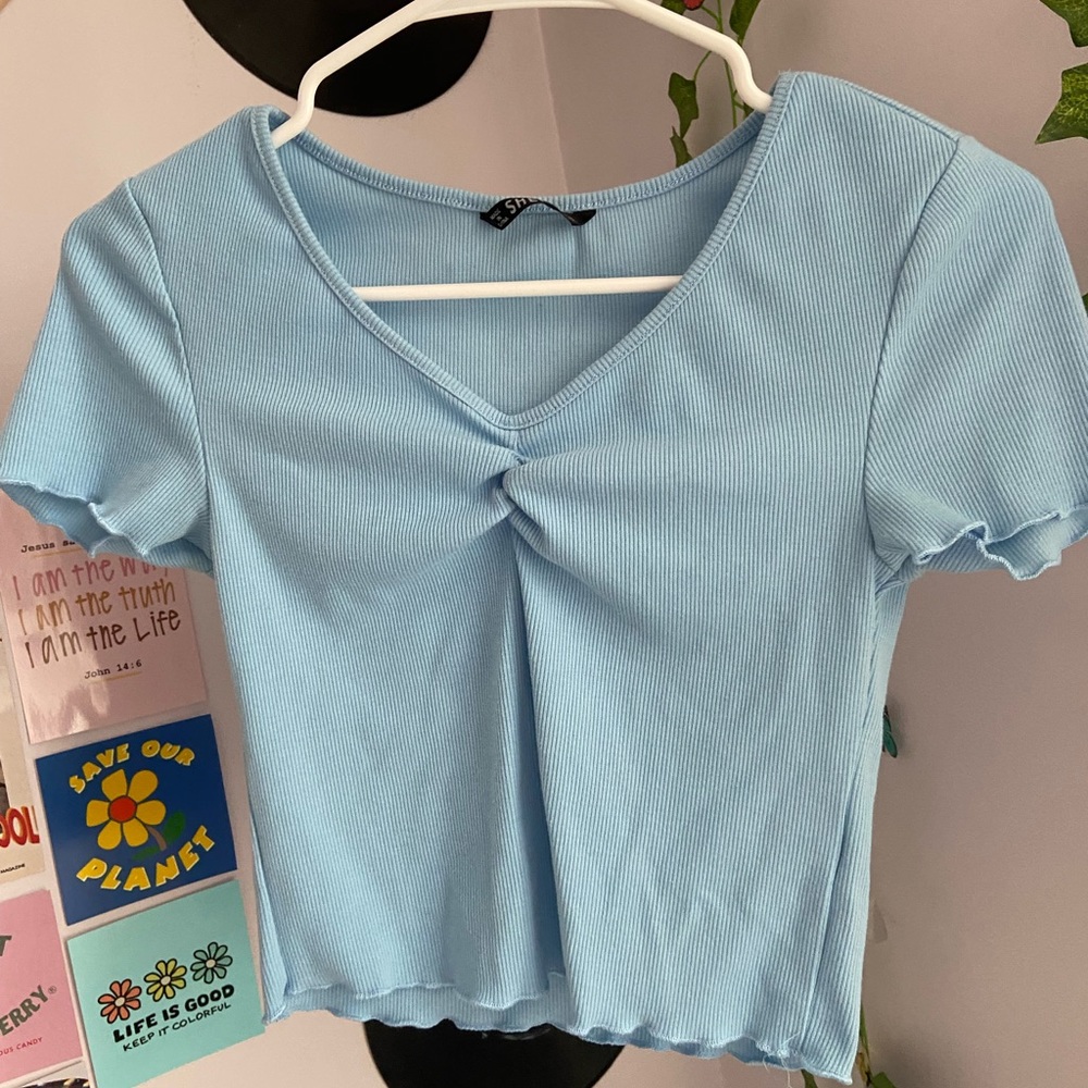 Sky blue rushed V-neck top